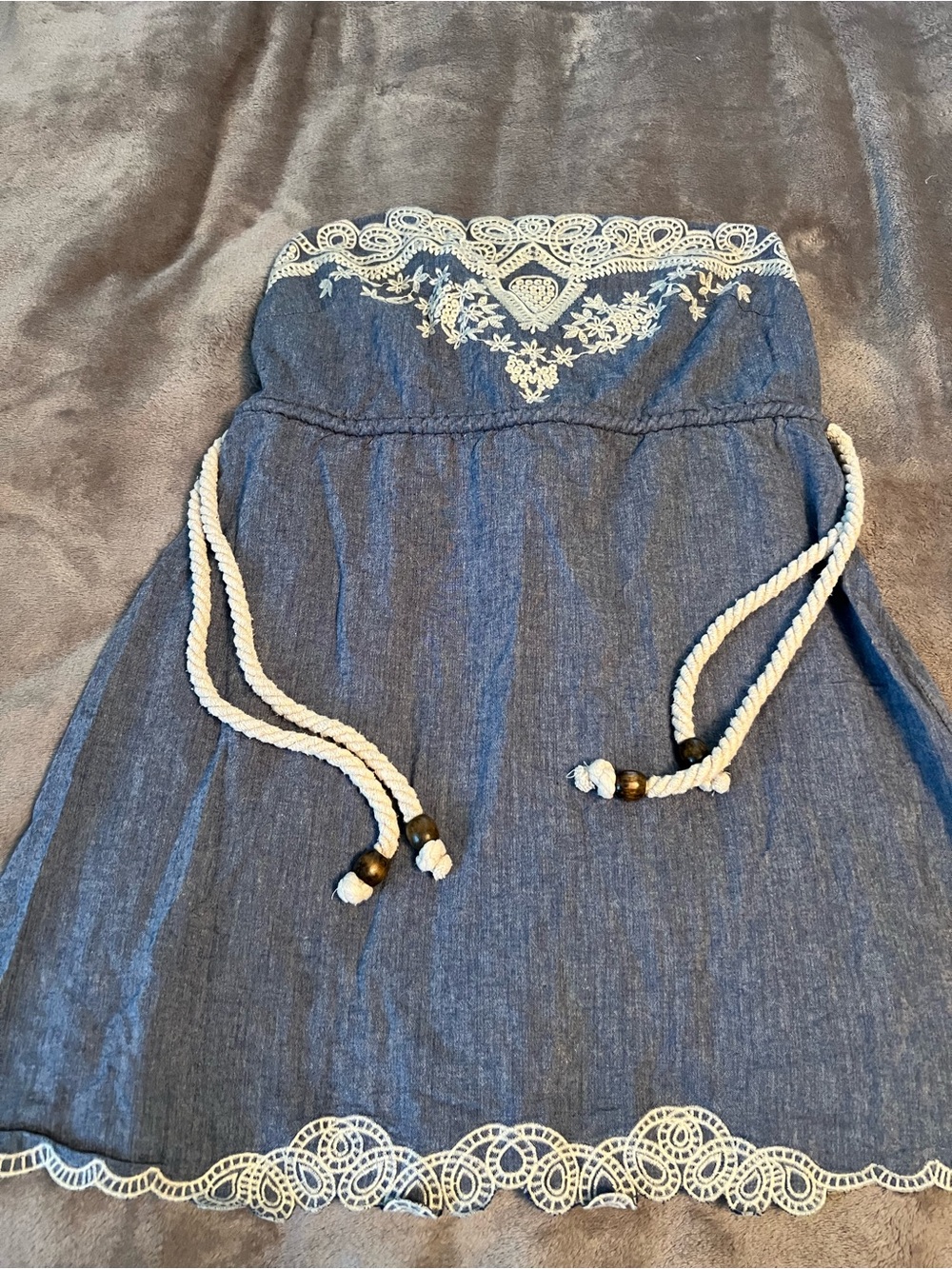 Annabelle Blue Strapless Dress with White Lace Trim
